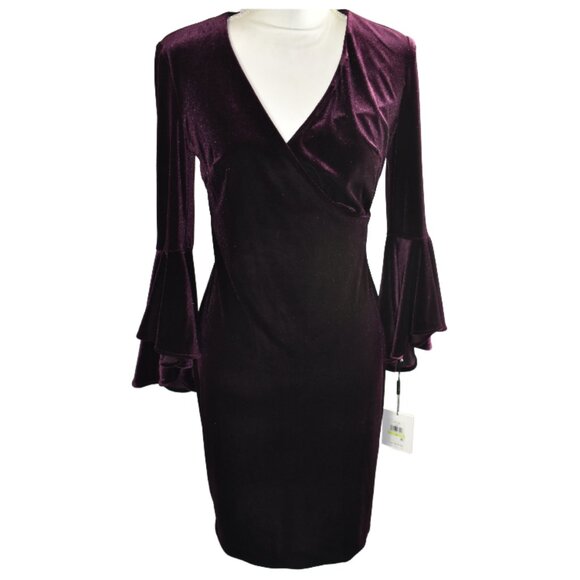 Calvin Klein Plum Purple Velvet Flare Bell Sleeve Warp Knee Length Dress Size 4 - Picture 4 of 8